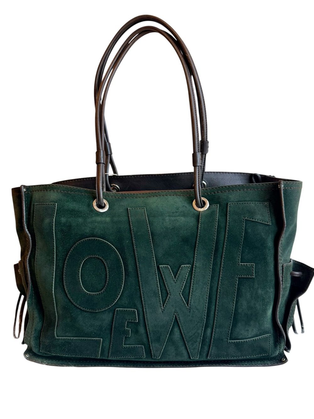 LOEWE Anagram Green Suede Large Shopper Tote Bag
